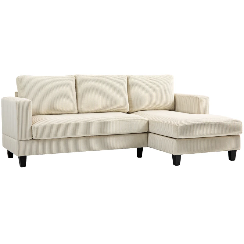 HOMCOM Canapé d'angle en velours côtelé 3 places avec méridienne et coussin à ressorts épais, largeur 214 cm, beige