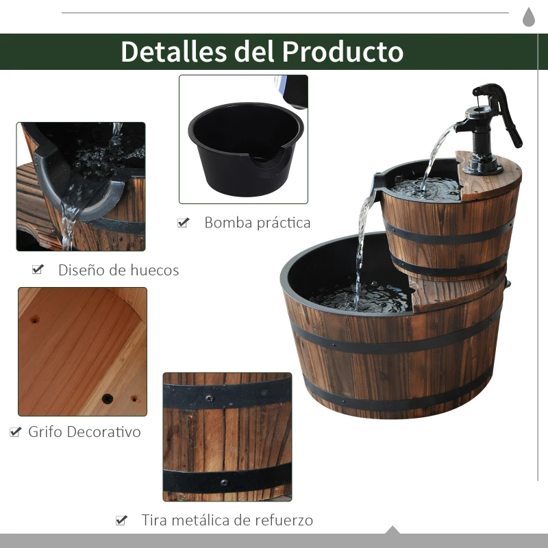 Outsunny Fuente de Jardín de Madera en Cascada de 2 Niveles con Bomba Eléctrica y Salida de Agua Ajustable 44,5x44,5x58,5 cm Natural