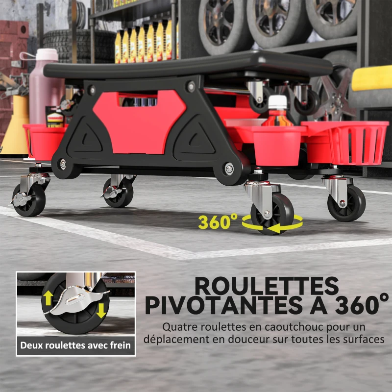 HOMCOM Tabouret d'atelier mobile 135 kg, tabouret de mécanicien avec roulettes rotatif à 360° avec plateaux, 86x33x33cm, rouge