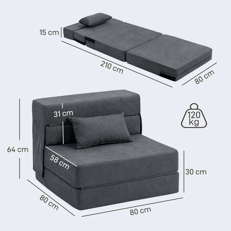 HOMCOM Bodensofa, Polstercouch, in Matratze umwandelbar, Schaumstoff, Kissen, Dunkelgrau(m-3)