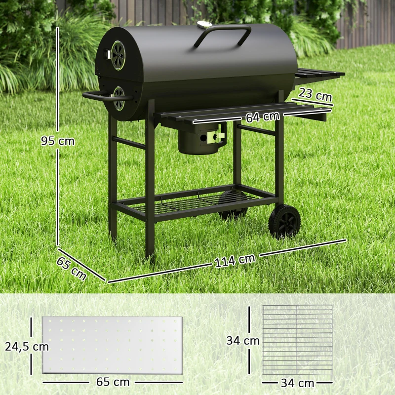 Outsunny Barbecue charbon de bois avec tablette avant pliable, avec grille de cuisson, 2 roues, 114 x 65 x 95 cm, noir