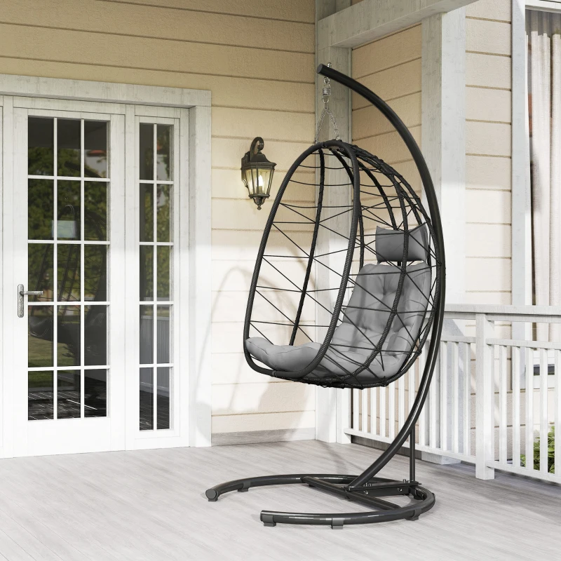 Outsunny Hangstoel voor buiten, Ei stoel, weerbestendig, inclusief kussen, 102 cm x 102 cm x 195 cm, Donkergrijs