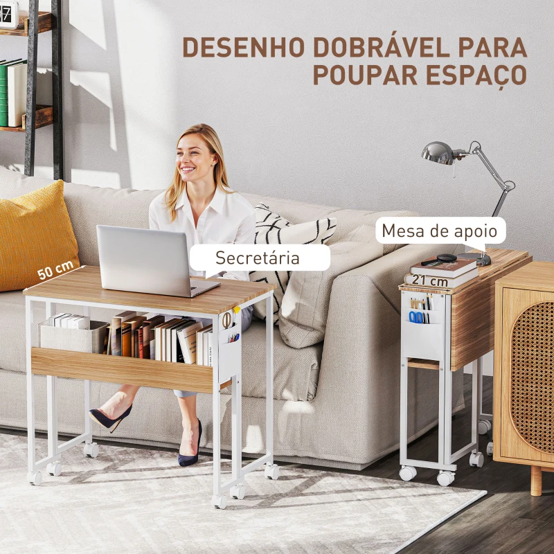HOMCOM Secretária Dobrável com Rodas e Prateleira Mesa Secretária Compacta com Bolsa de Armazenamento 80x50x75 cm Madeira e Branco