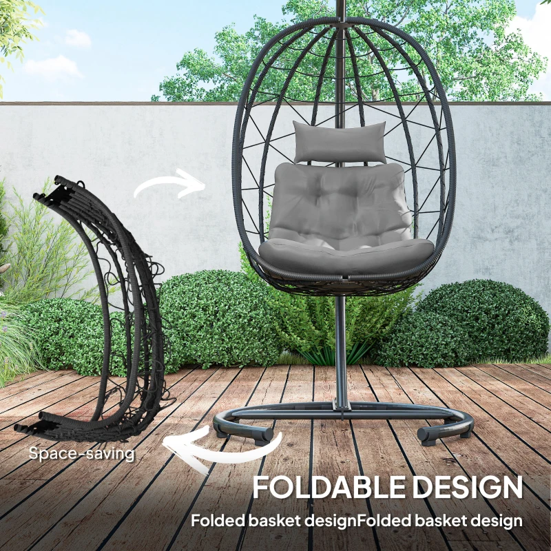 Outsunny Hangstoel voor buiten, Ei stoel, weerbestendig, inclusief kussen, 102 cm x 102 cm x 195 cm, Donkergrijs