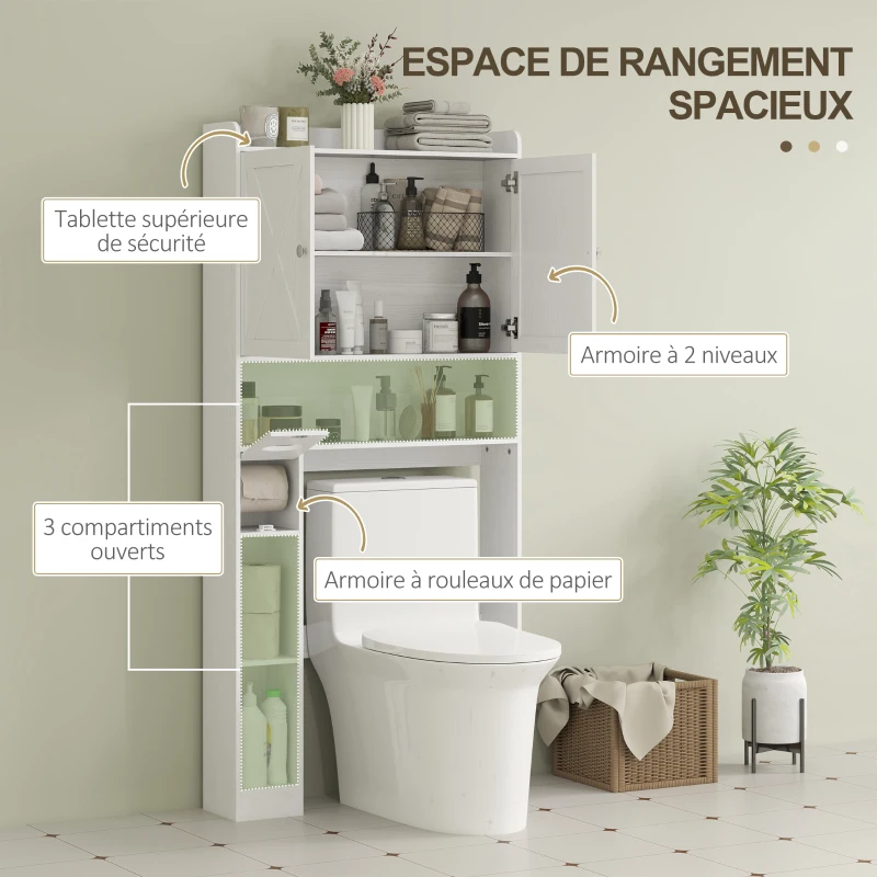 HOMCOM Meuble WC dessus de toilette avec placard à porte de grange, étagère réglable, compartiments et porte-papier, blanc