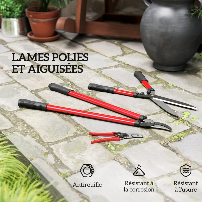 Outsunny Lot de 3 cisailles de jardin ensemble de coupe pour jardinage coupe-branches 65cm taille-haie 51,5cm sécateur 20cm rouge