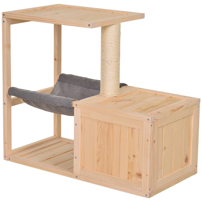 PawHut Katzenhaus mit Hängematte, Katzenkiste mit Sisalstamm, Katzenhöhle, Katzenbaum, Katzenaktivitätszentrum, Tannenholz, Natur, 70 x 35 x 60 cm