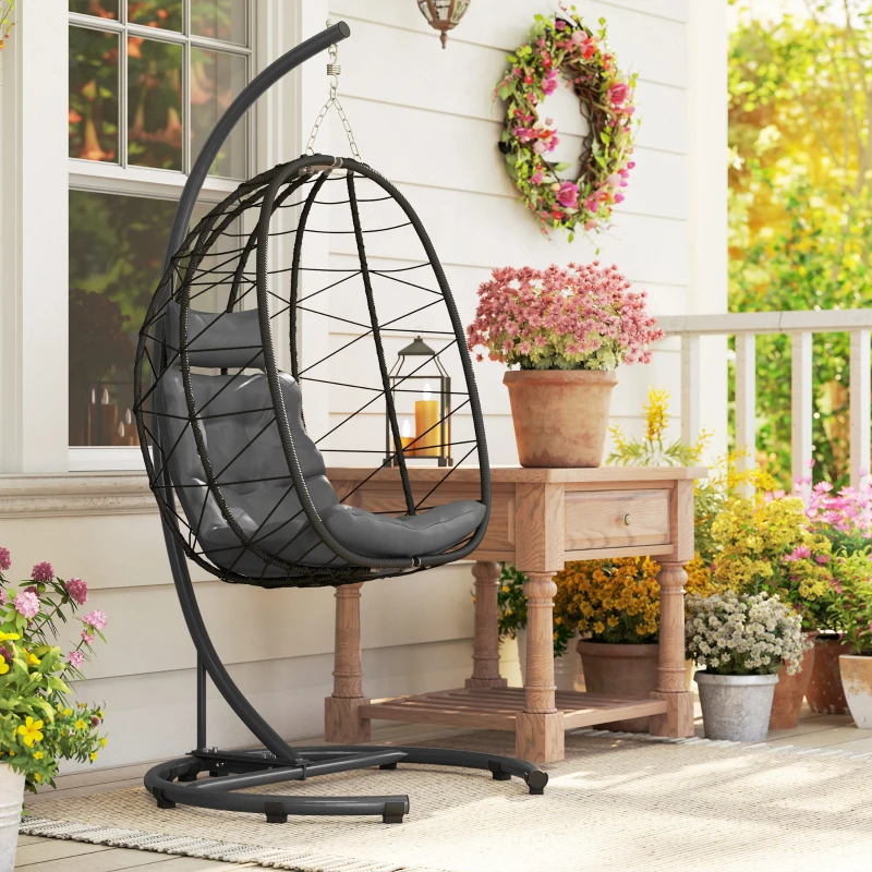 Outsunny Hangstoel voor buiten, Ei stoel, weerbestendig, inclusief kussen, 102 cm x 102 cm x 195 cm, Donkergrijs