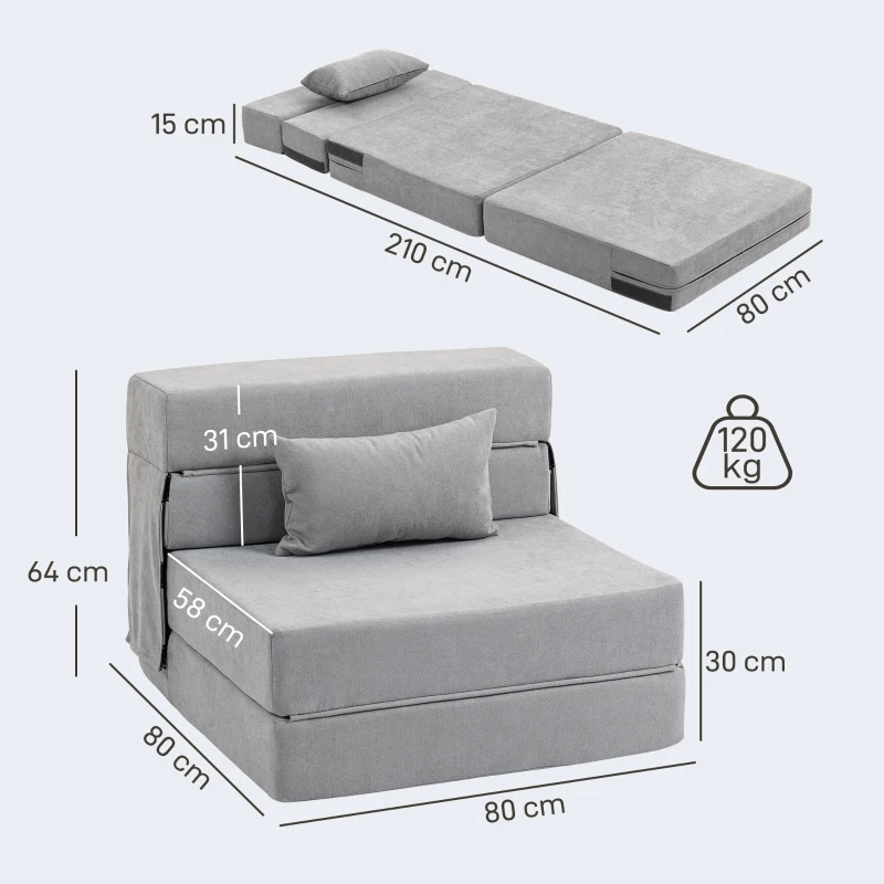 HOMCOM Bodensofa, Polstercouch, in Matratze umwandelbar, Schaumstoff, Kissen, Hellgrau(m-3)