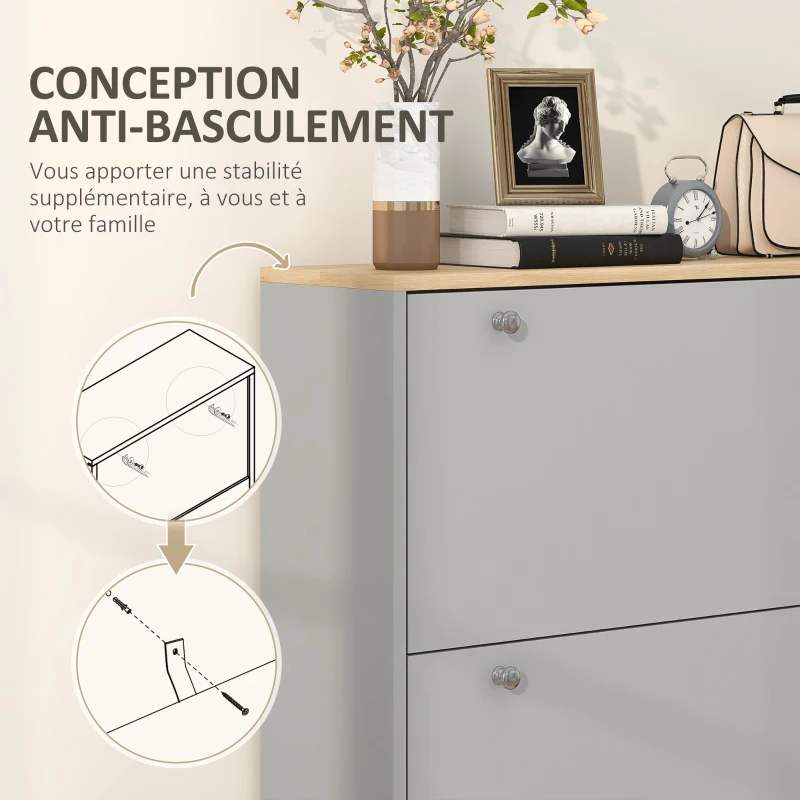 HOMCOM Meuble à chaussures 24 paires avec 3 tiroirs rabattables et étagères réglables, 80x23,5x121cm, gris