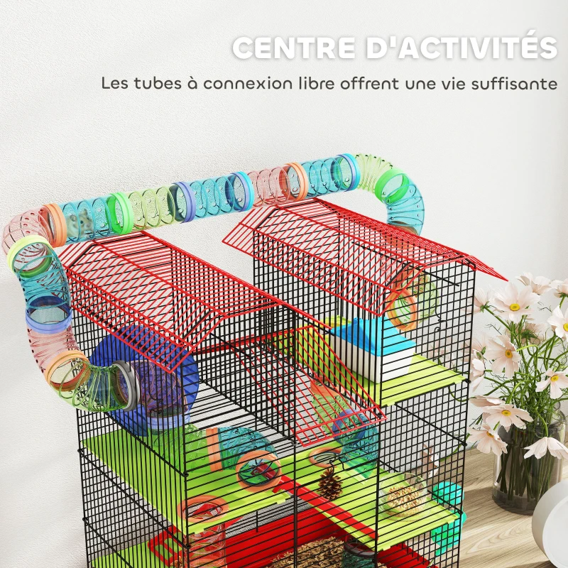 PawHut Cage pour hamster souris petit animaux rongeur avec tunnel mangeoire roue jouet 47 x 30 x 59 cm rouge