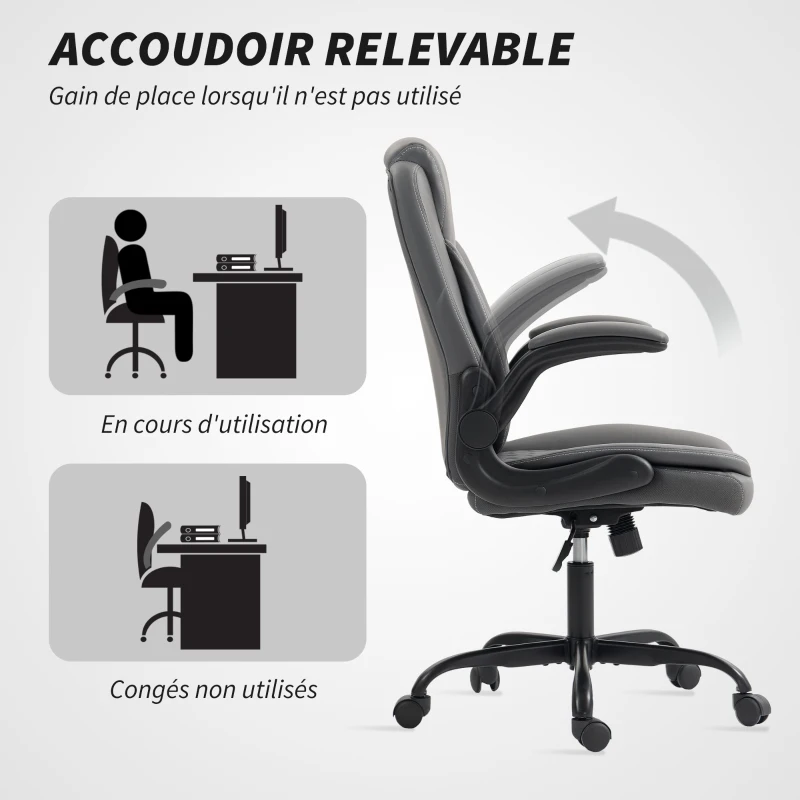 HOMCOM Fauteuil de bureau, chaise bureau ergonomique avec accoudoirs relevables, hauteur réglable, fonction de bascule, gris