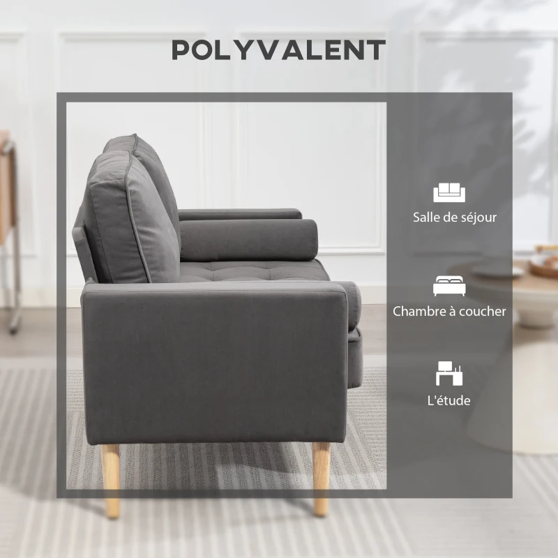 HOMCOM Canapé 2 places banquette moderne en velours 127 cm avec coussins épais, 2 oreillers et assise capitonnée, gris