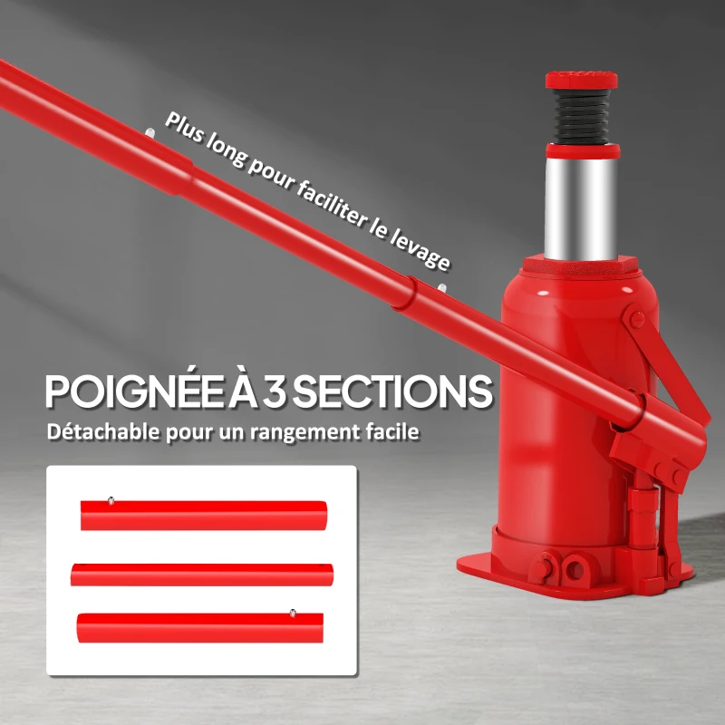 HOMCOM Cric bouteille hydraulique 12 T, cric hydraulique à bouteille gamme de levage 19-37 cm longue poignée et selle, rouge