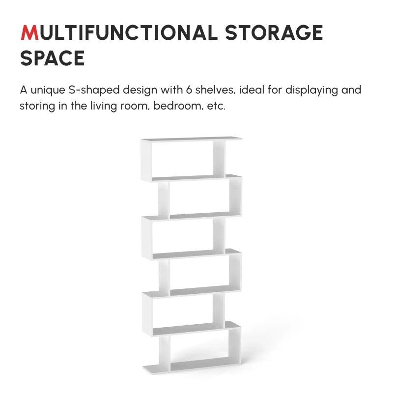 HOMCOM Wooden Wood S Shape Storage Display 6 Shelves Room Divider Unit Chest Bookshelf Bookcase Cupboard Cabinet Home Office Furniture (White)