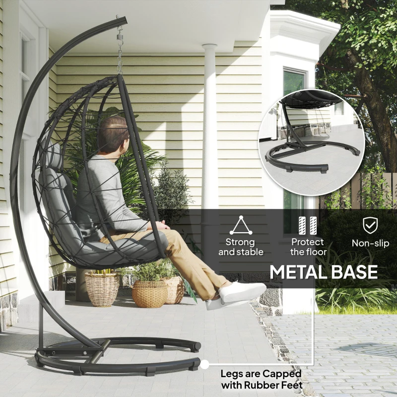 Outsunny Hangstoel voor buiten, Ei stoel, weerbestendig, inclusief kussen, 102 cm x 102 cm x 195 cm, Donkergrijs