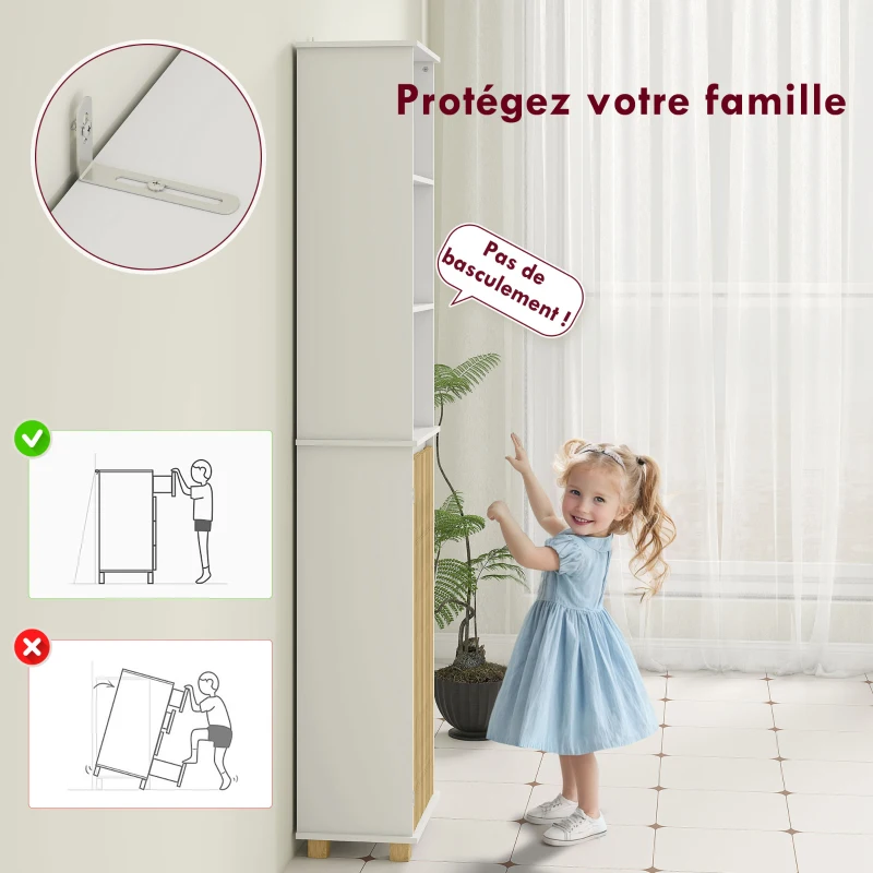 HOMCOM Colonne salle de bain, meuble salle de bain rangement avec porte à lattes en bambou et compartiments ouverts, blanc