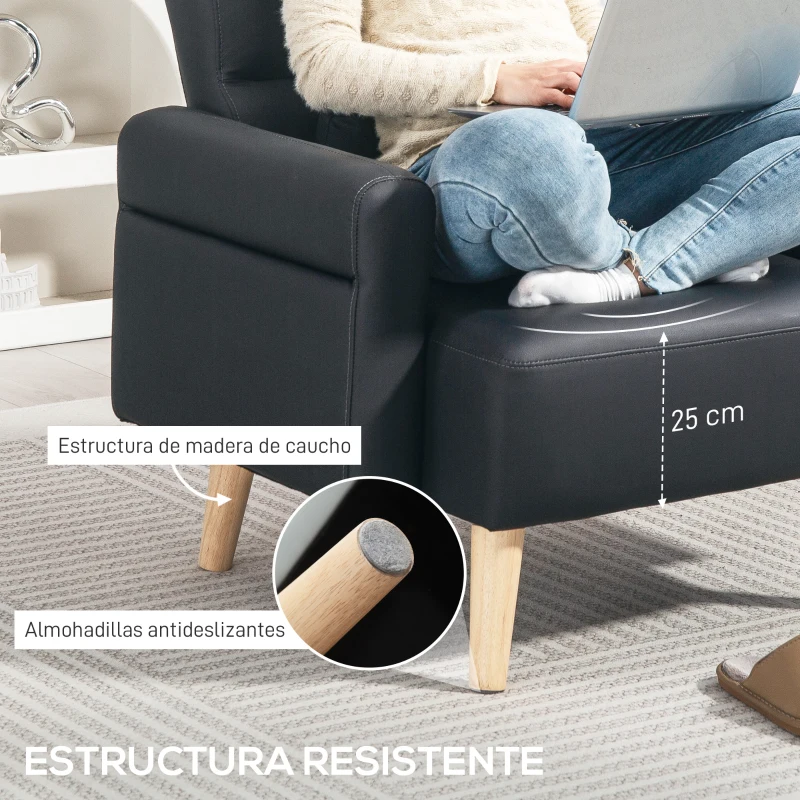HOMCOM Sillón Tapizado en Cuero Sintético Respaldo con Costuras y Patas de Madera para Salón o Dormitorio 77x78x78 cm Negro