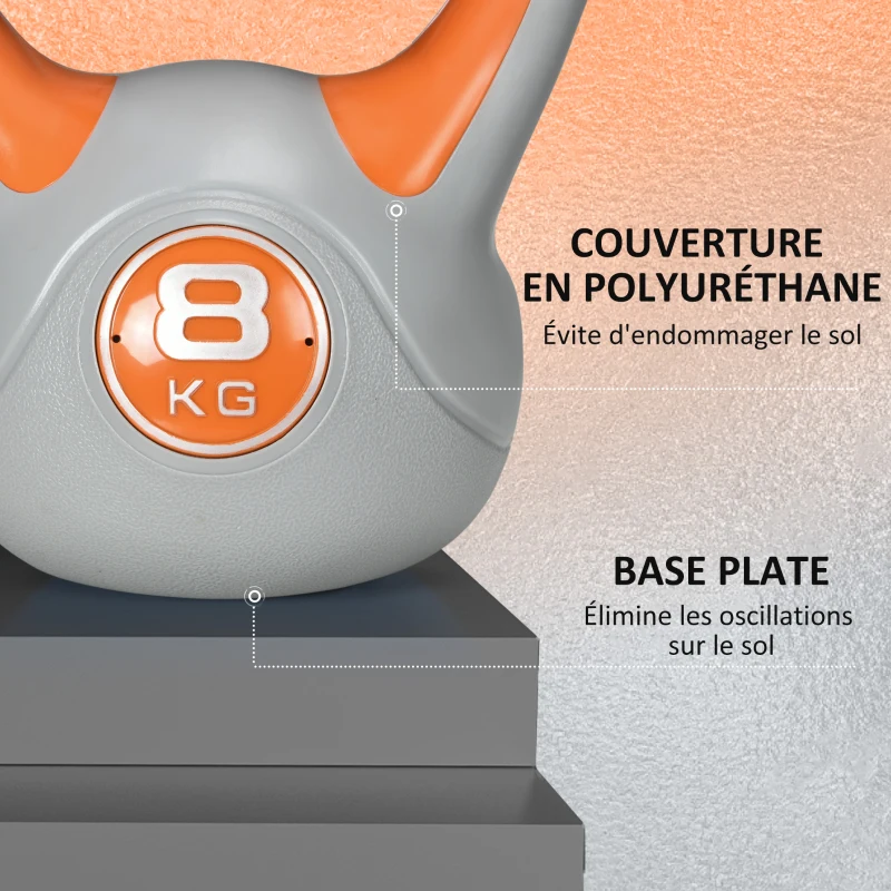 SPORTNOW Kettlebell 8 kg, haltère avec poignée ergonomique, haltère à boule, musculation, entraînement, 20 x 14 x 24 cm, orange