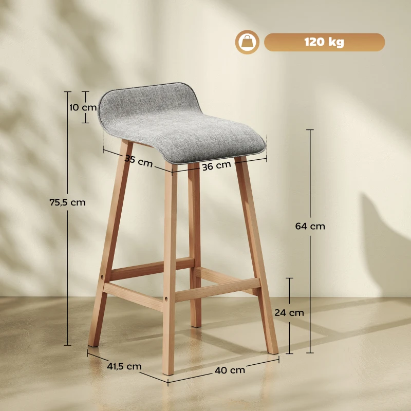 HOMCOM Conjunto de 2 Taburetes de Bar Tapizado en Lino Sintético Taburetes Altos de Cocina con Reposapiés y Patas de Madera Carga 120 kg 40x41,5x75,5 cm Gris y Natural