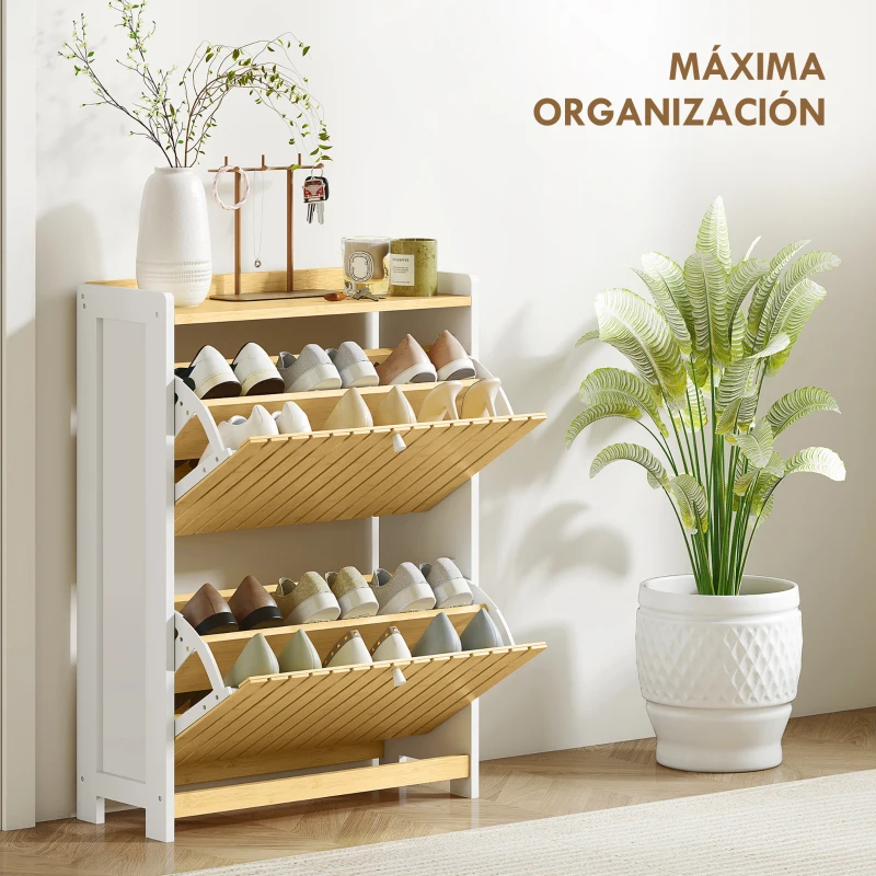 HOMCOM Zapatero Estrecho con 2 Puertas de Bambú con Listones Estantes Ajustables para 12 Pares de Zapatos Blanco y Natural