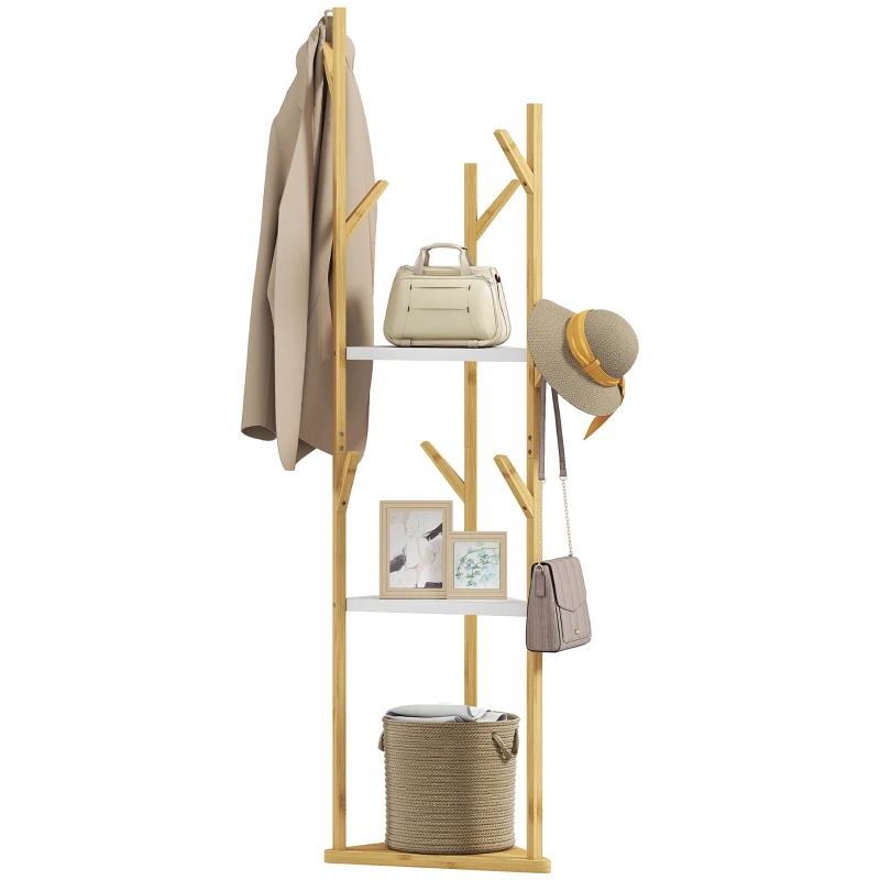 HOMCOM Albero Appendiabiti da Terra in Bambù con 9 Ganci e 3 Ripiani, Legno Naturale e Bianco