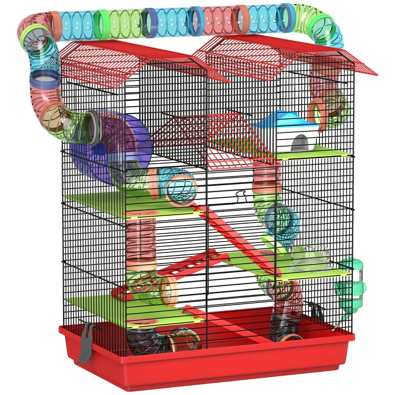 PawHut Cage pour hamster souris petit animaux rongeur avec tunnel mangeoire roue jouet 47 x 30 x 59 cm rouge