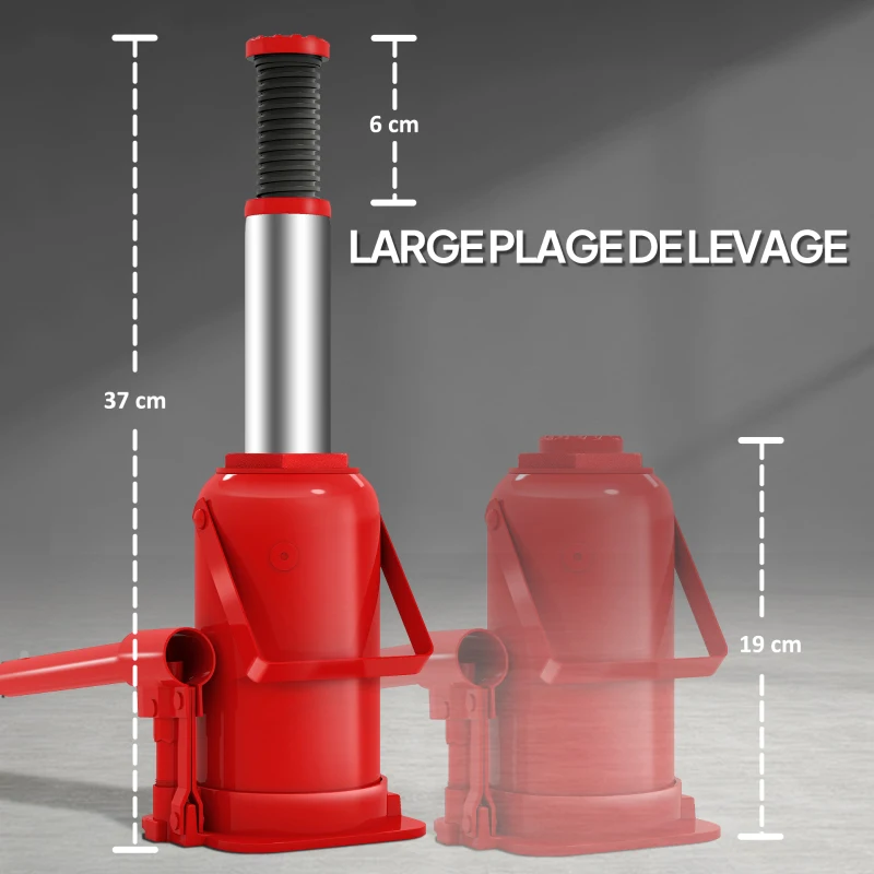 HOMCOM Cric bouteille hydraulique 12 T, cric hydraulique à bouteille gamme de levage 19-37 cm longue poignée et selle, rouge