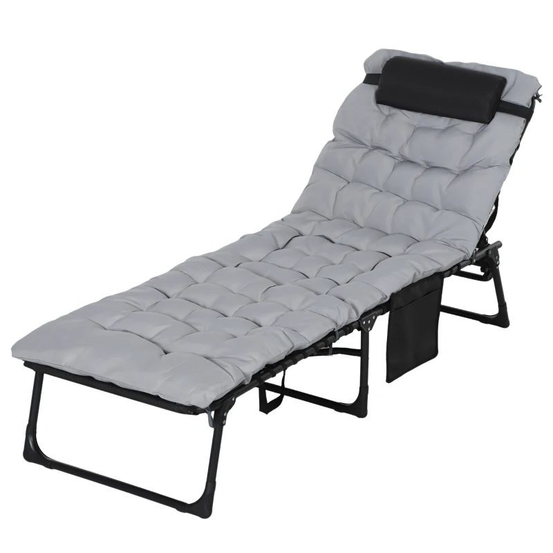 Outsunny Bain de soleil chaise longue pliante avec coussin appuie-tête poche latérale inclinable 58 x 189 x 32,5 cm gris clair