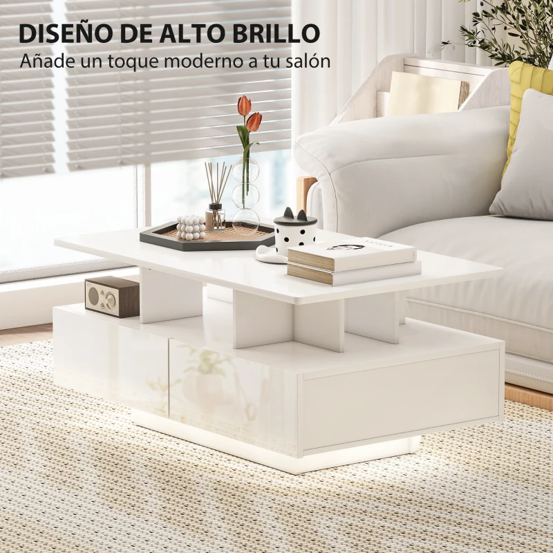 HOMCOM Mesa de Centro LED Moderna con 4 Cajones Estante Abierto y Luces LED de 16 Colores para Salón 90x55x41 cm Blanco Brillo