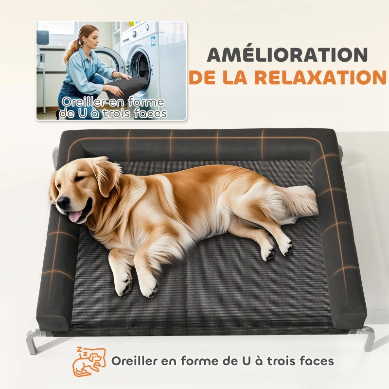 PawHut Lit surélevé pour chien rafraichissant, lit de camp pour chiens intérieur extérieur portable, 130 x 90 x 30 cm, noir