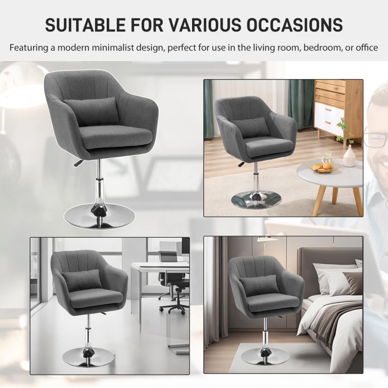 HOMCOM Grey Swivel Chair, w/Metal BaseModern Swivel Linen Sofachair Midback w/Lumbar Support for Bedroom Office