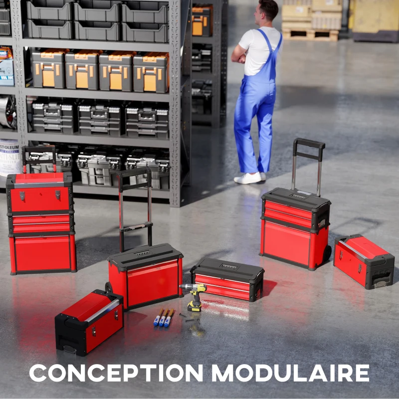 HOMCOM Lot de 3 boîtes à outils sur roulettes empilables et modulaires en acier avec plateau, poignées et serrure, rouge