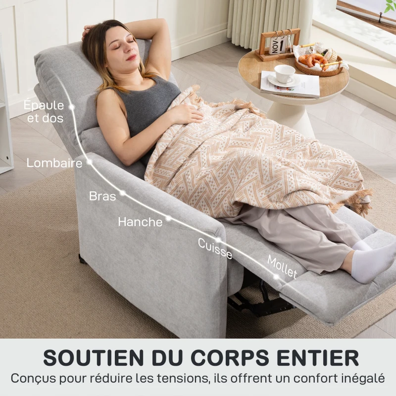HOMCOM Fauteuil inclinable fauteuil relax manuel dossier et repose-pieds réglables, assise rembourré, tissu en lin, gris