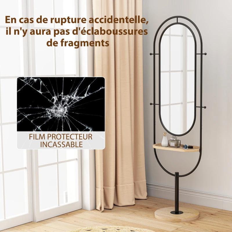 HOMCOM Miroir sur pied ovale avec plateau en bois, 4 crochets et cadre en métal, 50 x 40 x 175,5 cm, noir