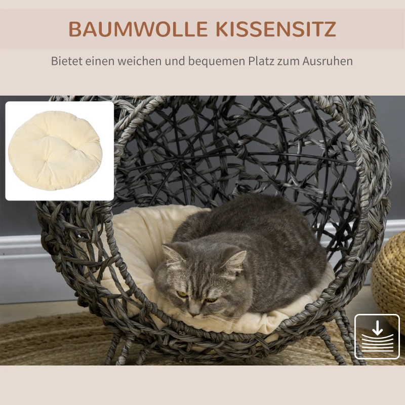 PawHut Katzenhaus aus Rattan mit Kissen Katzenschlafplatz Katzenhöhle mit erhöhten Füßen Silbergrau Ø52 x 58 cm