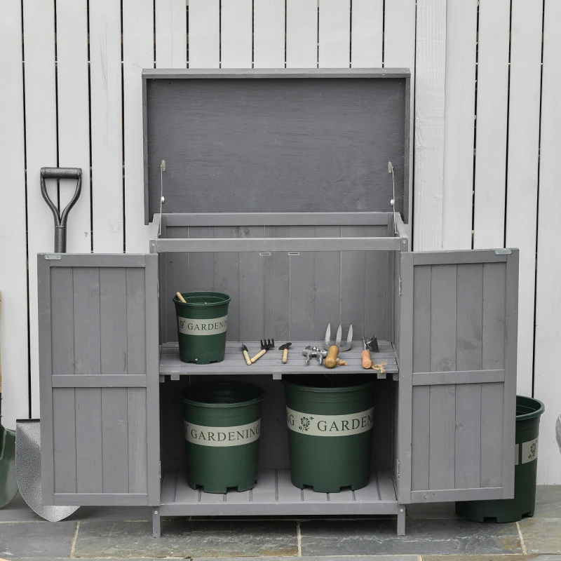 Outsunny Apparatuurkast, dubbele deur, klapdeksel, 2 planken, weerbestendig, natuurlijk hout, grijs, 74 x 43 x 88 cm(m-10)