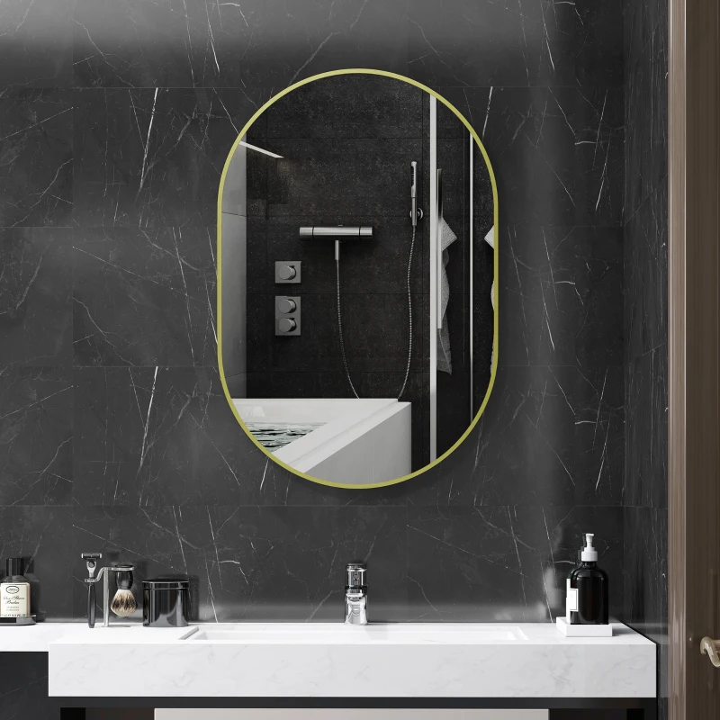 HOMCOM Specchio da Bagno Ovale 60x90 cm, Specchio Decorativo da Parete con Cornice in Alluminio per Soggiorno Orizzontale o Verticale Dorato
