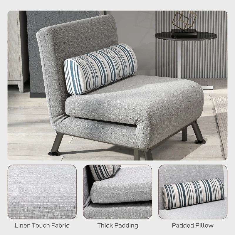 HOMCOM Single Sofa Bed, 1 Person Sleeper Foldable Lounge with Pillow, Light Grey