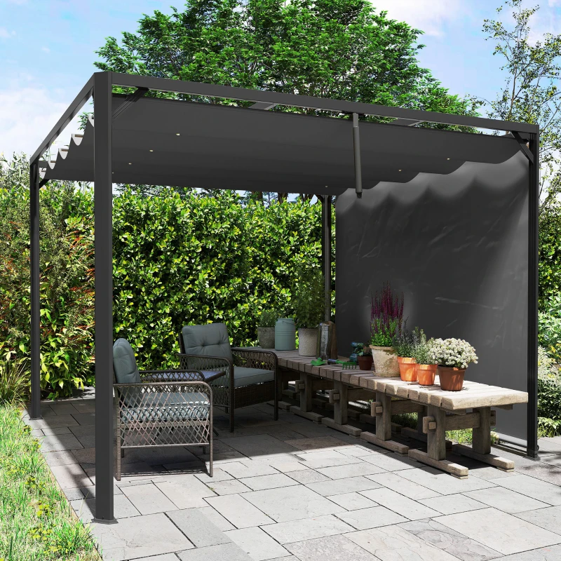 Outsunny 3 x 3m Aluminium Pergola, with Retractable Roof and Wall - Dark Grey