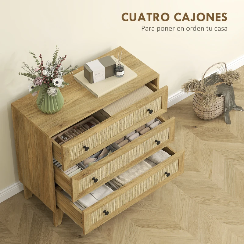 HOMCOM Cómoda con 3 Cajones Cajonera de Madera con Frontales de Ratán Estilo Cannage para Dormitorio 80x35x76 cm Natural