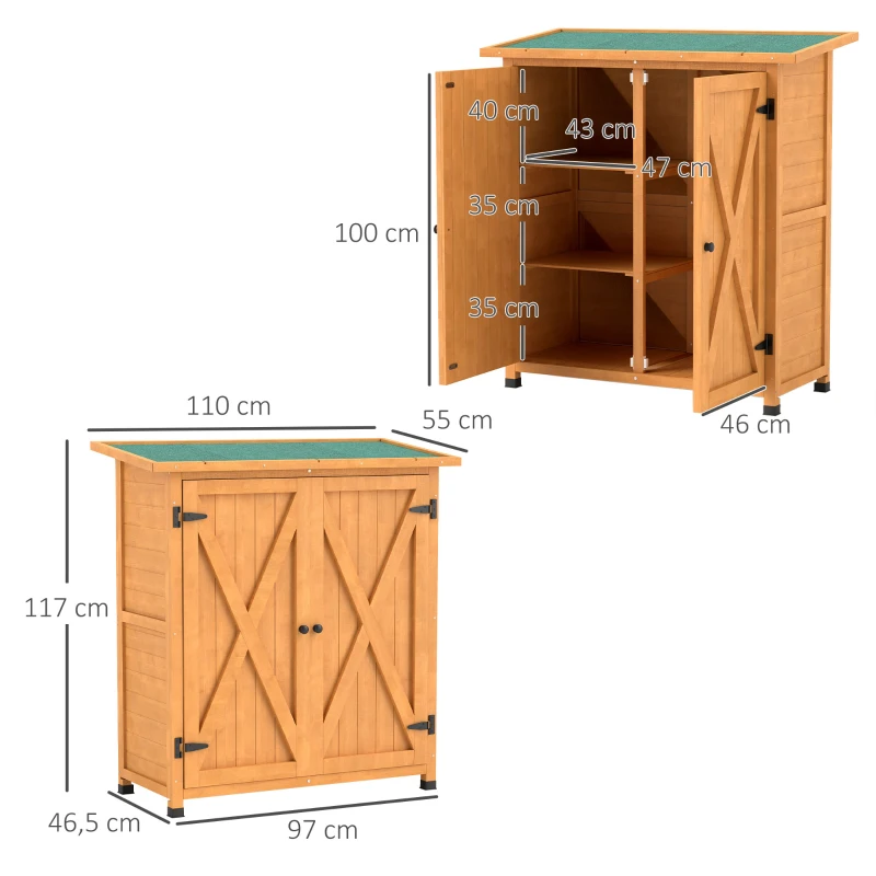 Outsunny Tuinschuur, Gereedschapsopslag van Hout, Weerbestendige Tuinschuur met 2 Deuren en Asfalt Dak 110 x 55 x 117 cm, Geel(m-3)
