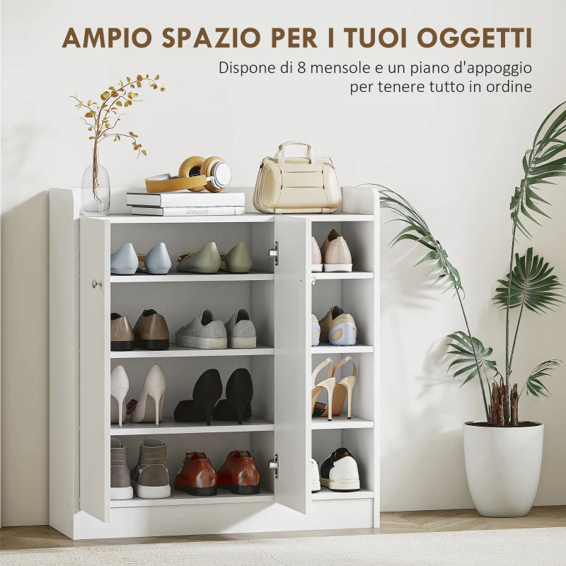 HOMCOM Armadio Scarpiera Bianca Salvaspazio e Moderna in Legno per 12 Paia di Scarpe, 4 Ripiani Aperti, 83 x 30 x 90cm, Bianca