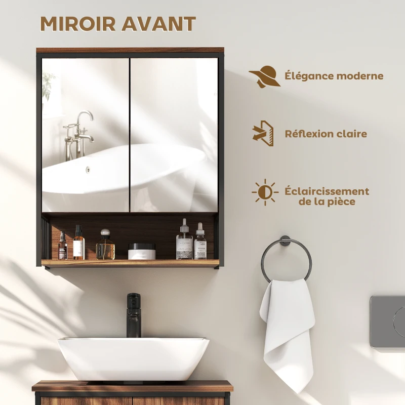 HOMCOM Armoire murale salle de bain avec miroir meuble salle de bain avec compartiment ouvert porte à fermeture amortie marron