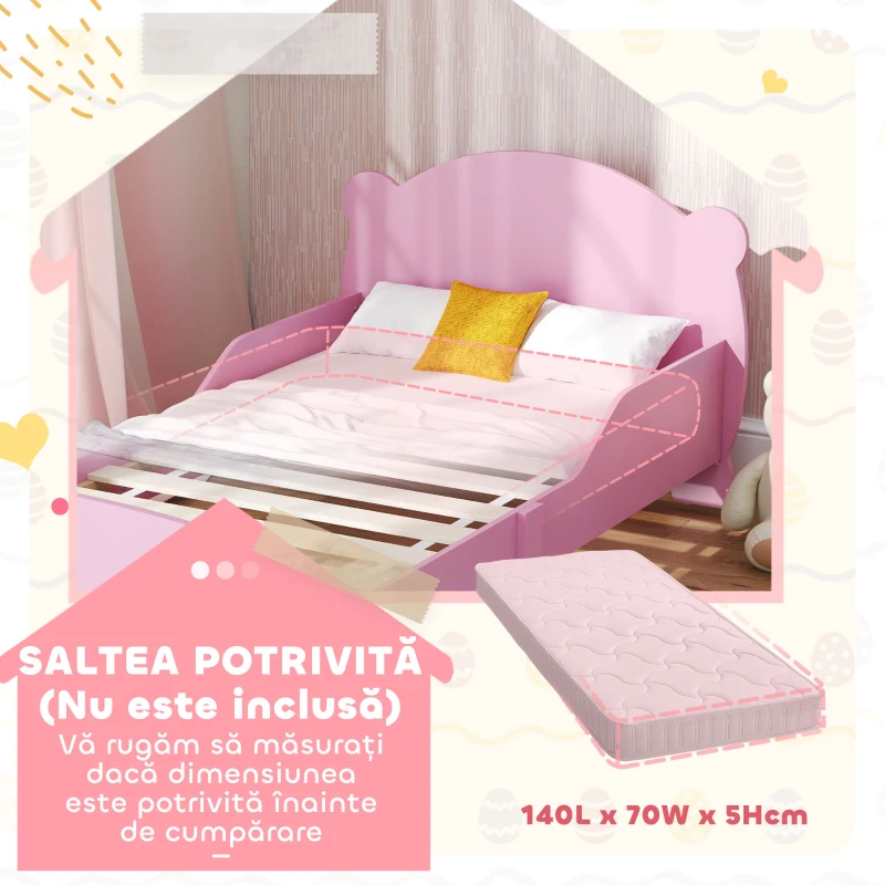 AIYAPLAY Pătuț pentru Copii cu Tăblie și Capăt în Formă de Ursuleț și 2 Bare Laterale, Roz