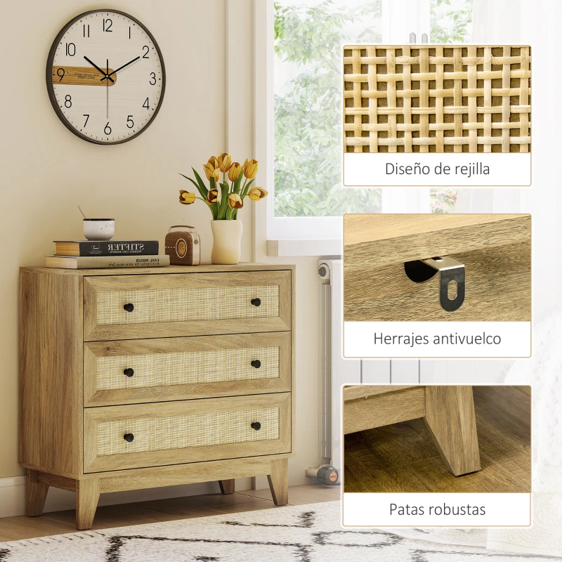 HOMCOM Cómoda con 3 Cajones Cajonera de Madera con Frontales de Ratán Estilo Cannage para Dormitorio 80x35x76 cm Natural