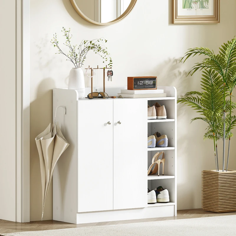 HOMCOM Shoe Storage Cabinet  Two Doors w/ Adjustable 4 Shelves Cupboard Footwear Rack Stand Organiser Hallway White