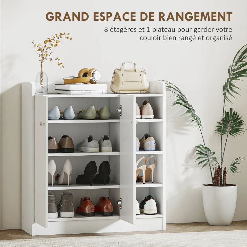 HOMCOM Meuble de rangement à chaussures pour entrée 12 paires - armoire à chaussures avec 4 compartiments ouverts et placard double porte - étagère réglable - 83L x 30l x 90H cm - blanc