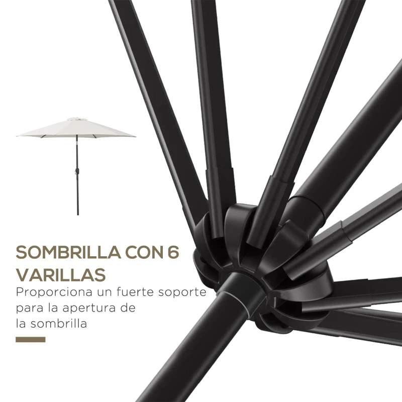 Outsunny Sombrilla para Jardín de Aluminio Ø260x235 cm Parasol de Jardín Reclinable con Manivela y 6 Varillas de Metal para Terraza Exterior Balcón Crema
