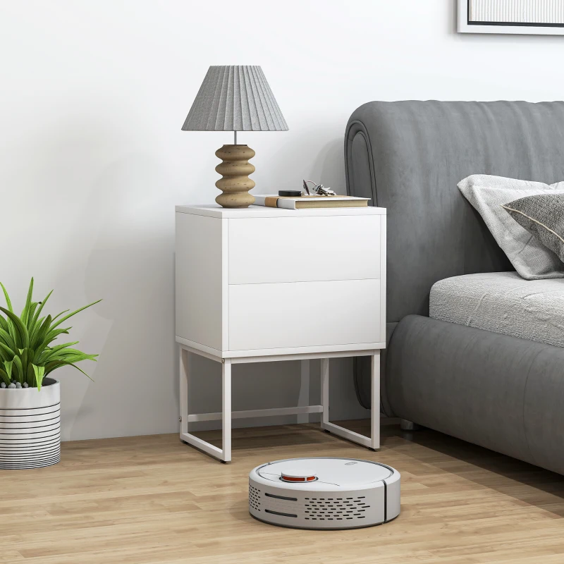 HOMCOM Comodino Moderno a 2 Cassetti con Apertura a Pressione, MDF e Acciaio, 40x30x50 cm, Bianco